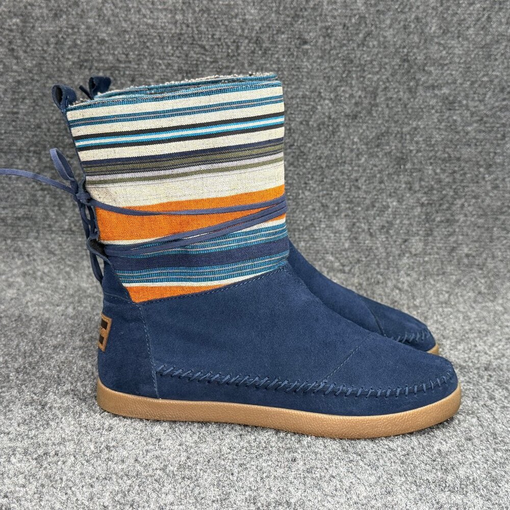 Toms Nepal Moccasin Boots Women's Size‎ 7 Blue Suede Orange Fleece Lined Ankle